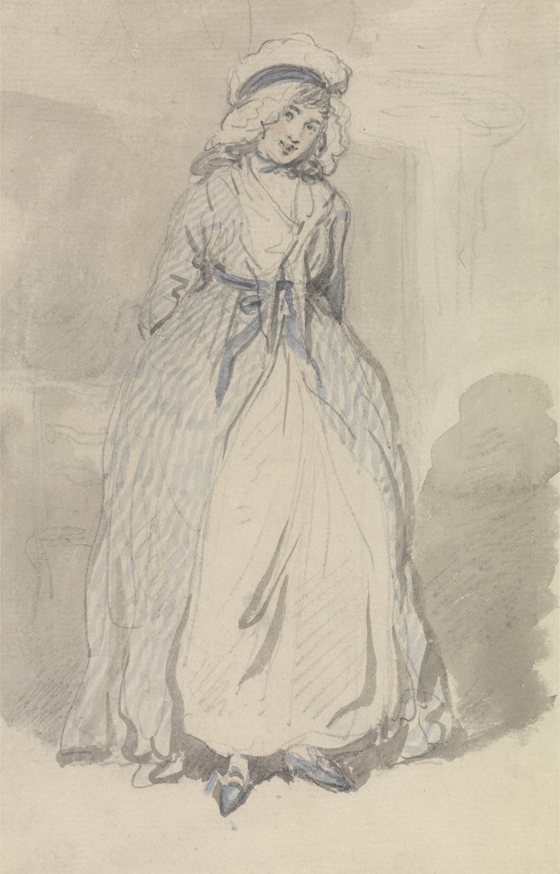 A Young Woman in a Blue Striped Dress by Thomas Rowlandson