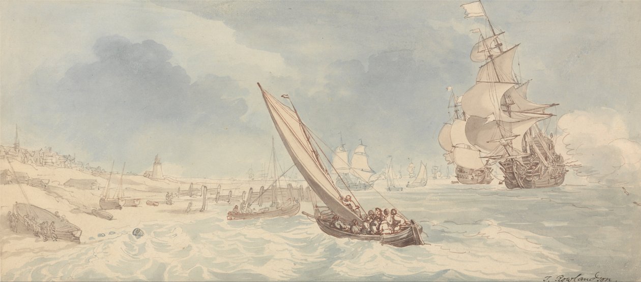 Men-of-War and Sailing Boats Near a Shore by Thomas Rowlandson