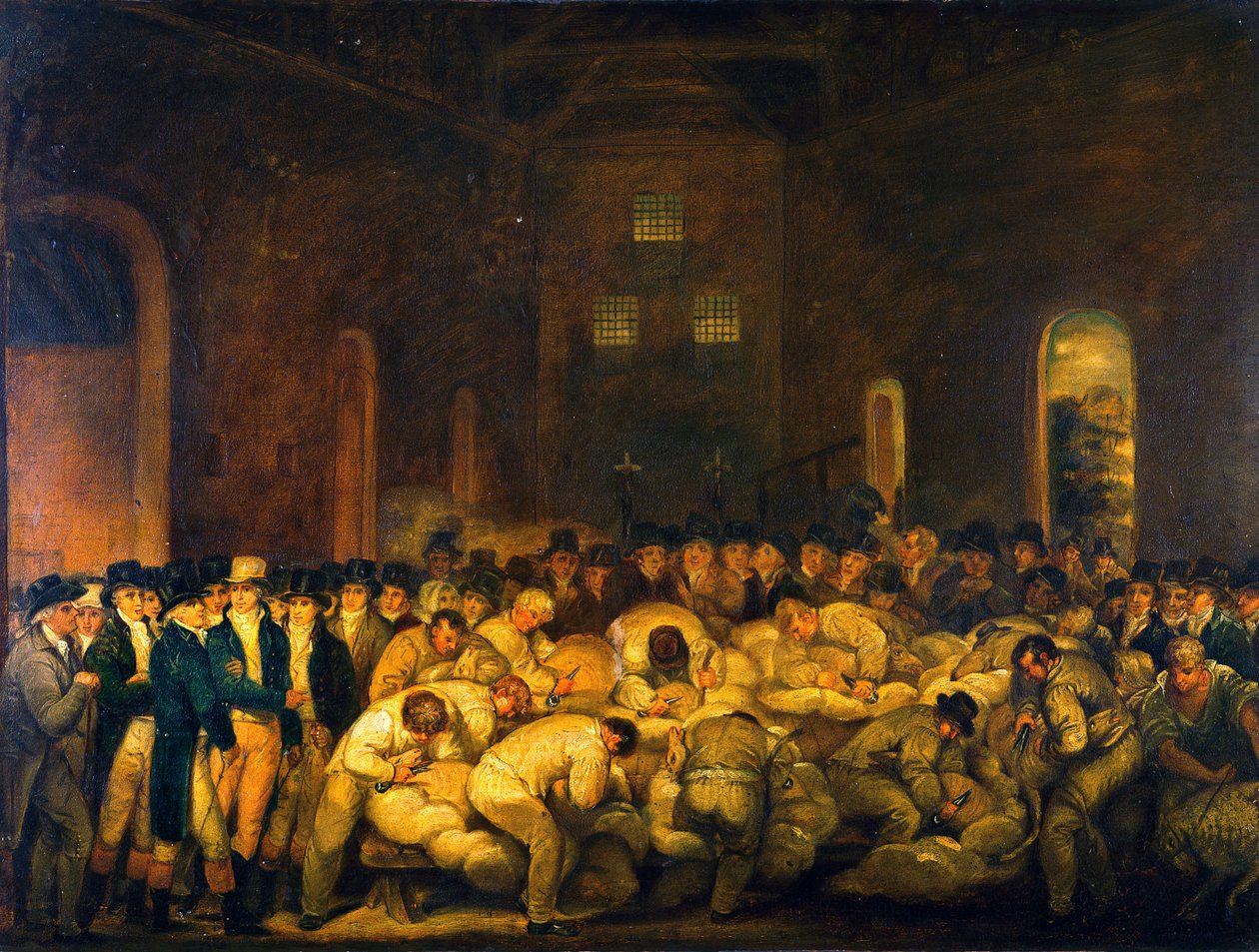 The Earl of Leicester and Other Observers at a Sheep Shearing Contest in the Great Barn at Holkham Hall by Thomas Weaver