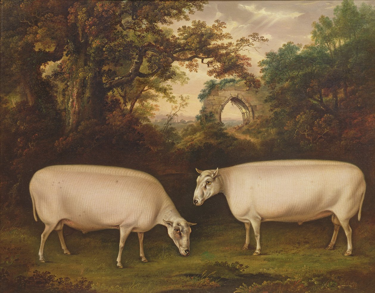 Two Prize Border Leicester Rams in a Landscape by Thomas Weaver