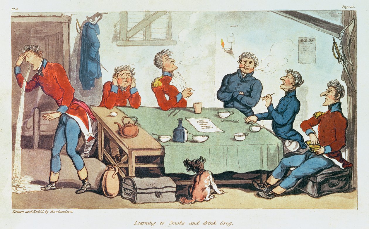 Learning to Smoke and Drink Grog by Thomas Rowlandson
