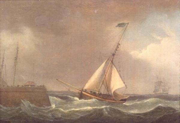 An Indiaman at anchor by Thomas Whitcombe