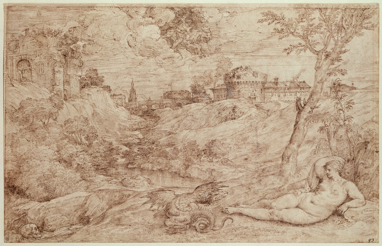 Landscape with a Dragon and a Nude Woman Sleeping by Tiziano Vecelli