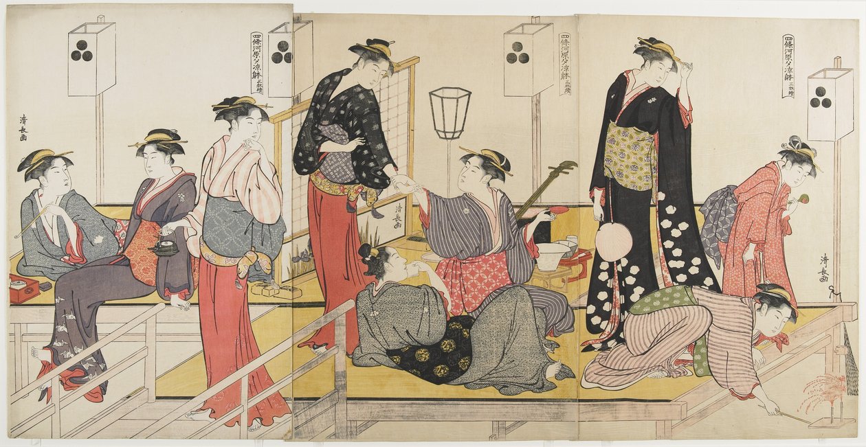 Triptych of Cooling off in the Evening at Shijo Riverbank by Torii Kiyonaga