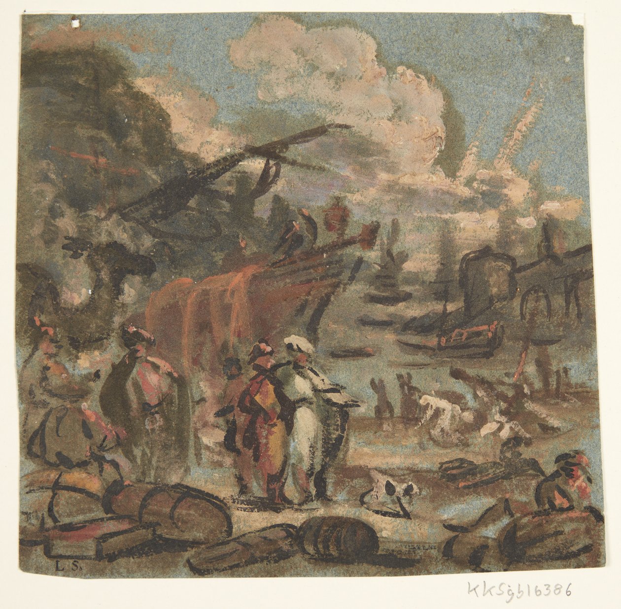 Figure Scene by the Coast with Ships and Military Personnel by Ubekendt