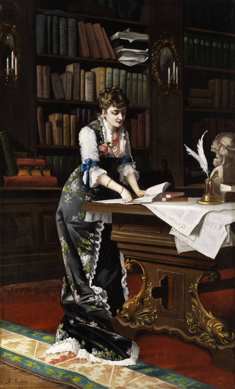 Young Woman Reading in a Library Room by Unbekannt Unbekannt