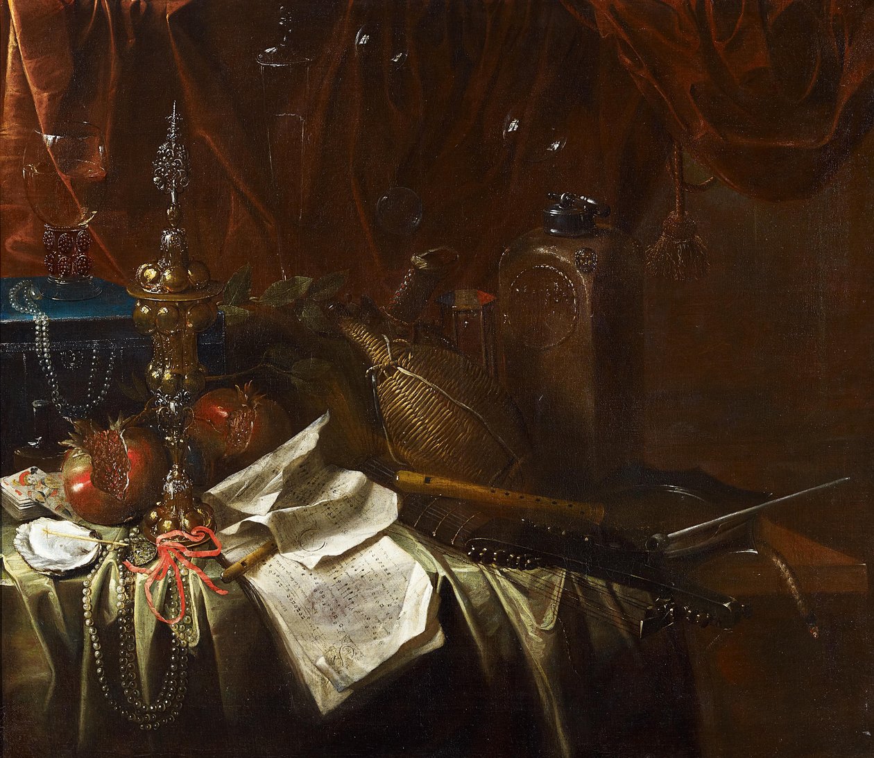 Still Life with Musical Instruments, Sheet Music, Pomegranates, Wine, Römer and a Goblet by Unbekannt Unbekannt