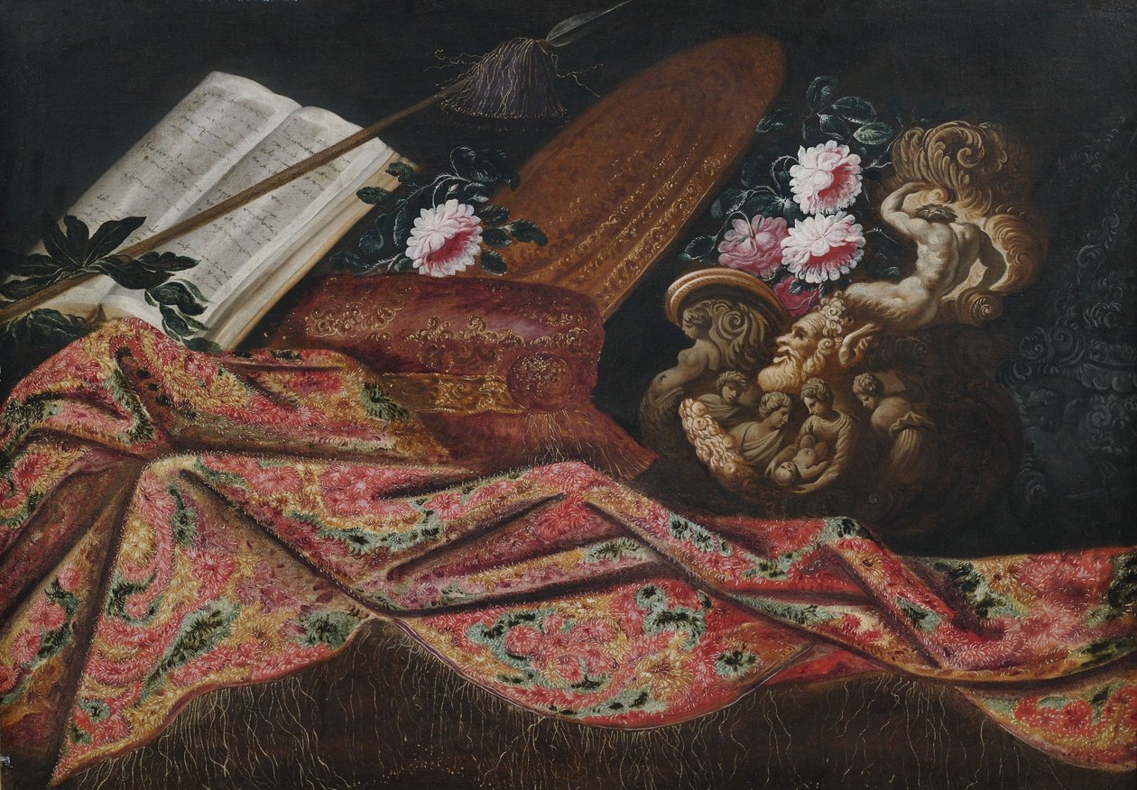 Still Life with Ornate Vase and Carpet Drapery, Left an Open Book with Laurel Wreath as Allegory of Poetry by Unbekannt Unbekannt