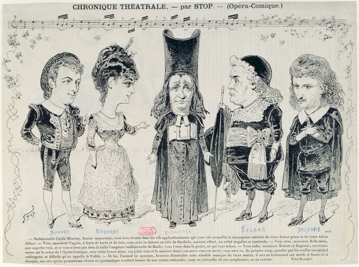 Five caricatures of the cast of a French production of 