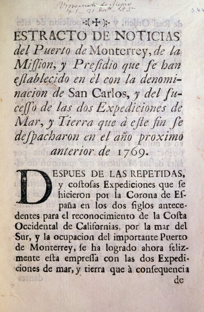 The first page of the official account of the Portola Expedition of 1769-70 by Unbekannt Unbekannt