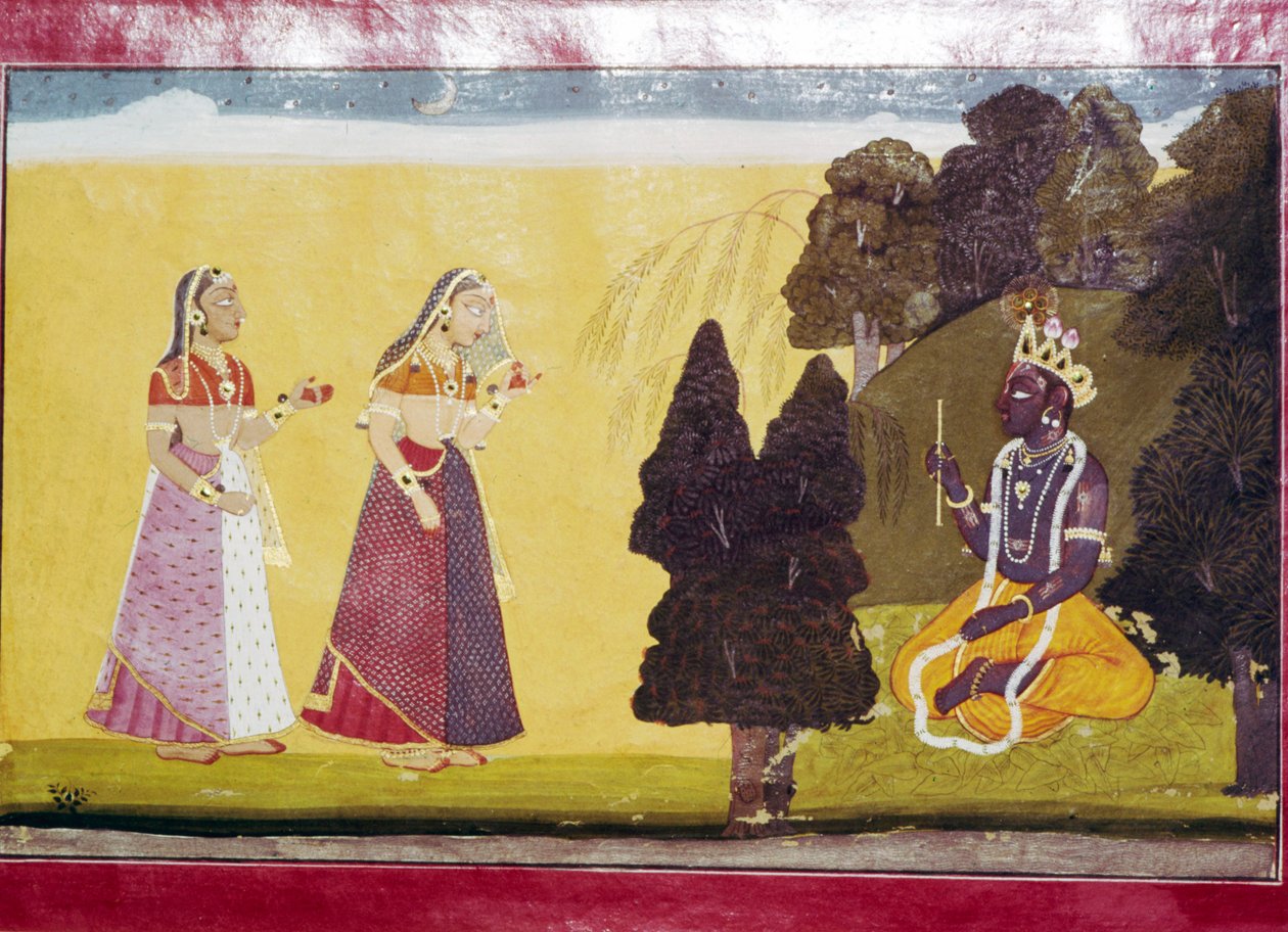 Krishna with flute, approached by two ladies by Unbekannt