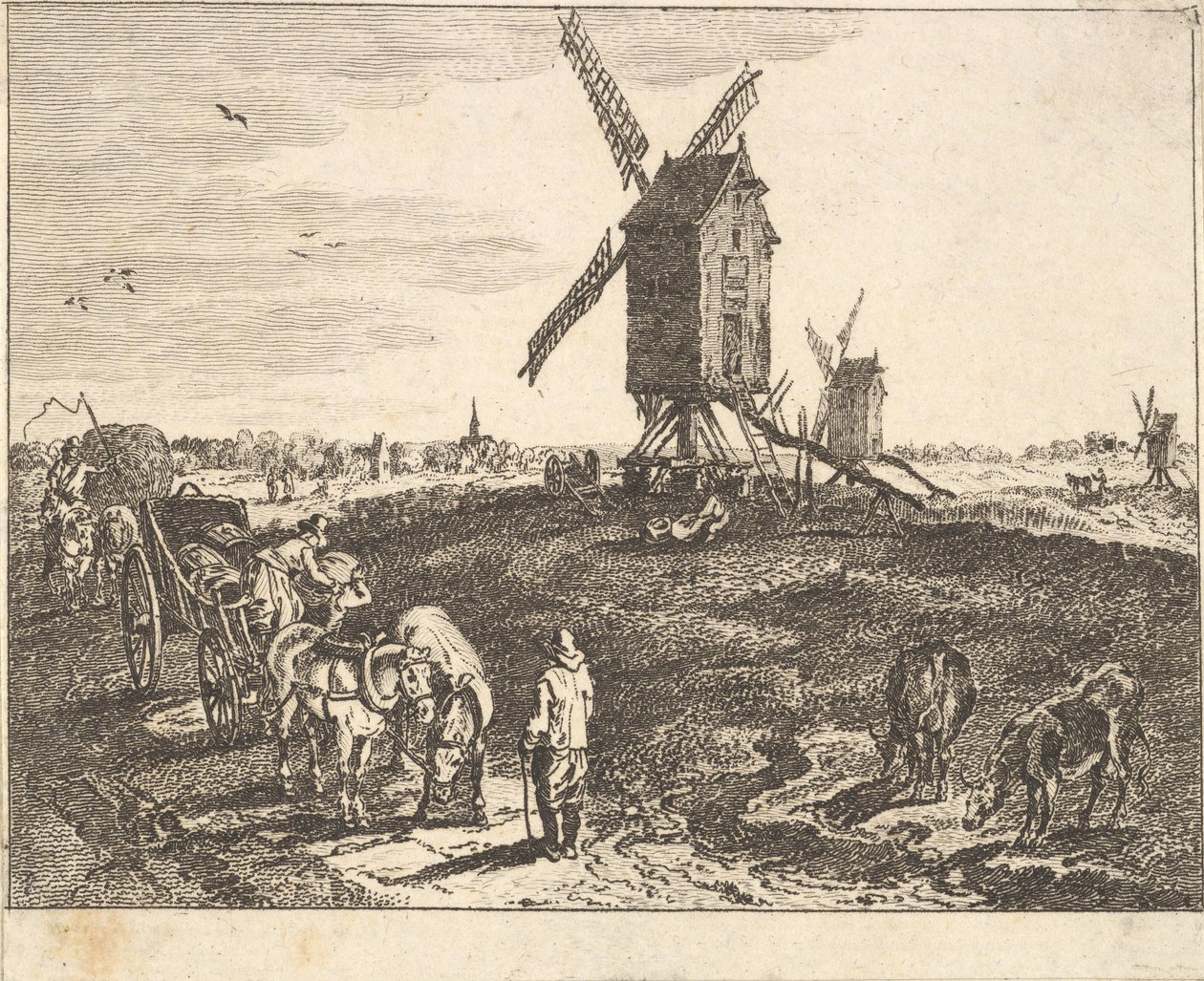 Landscape with Windmills and Cart by Unbekannt