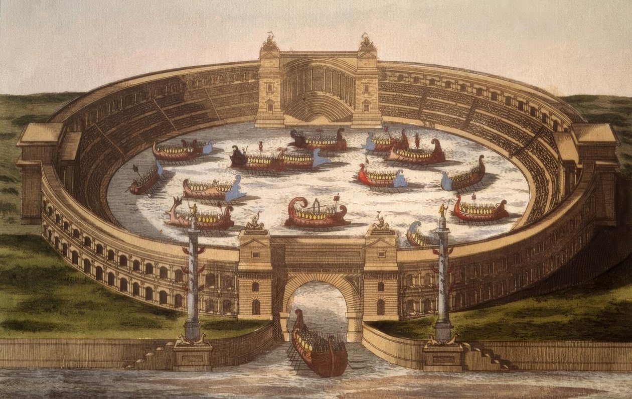 Naumachia in Roman Amphitheater / Copper Engraving by Unbekannt