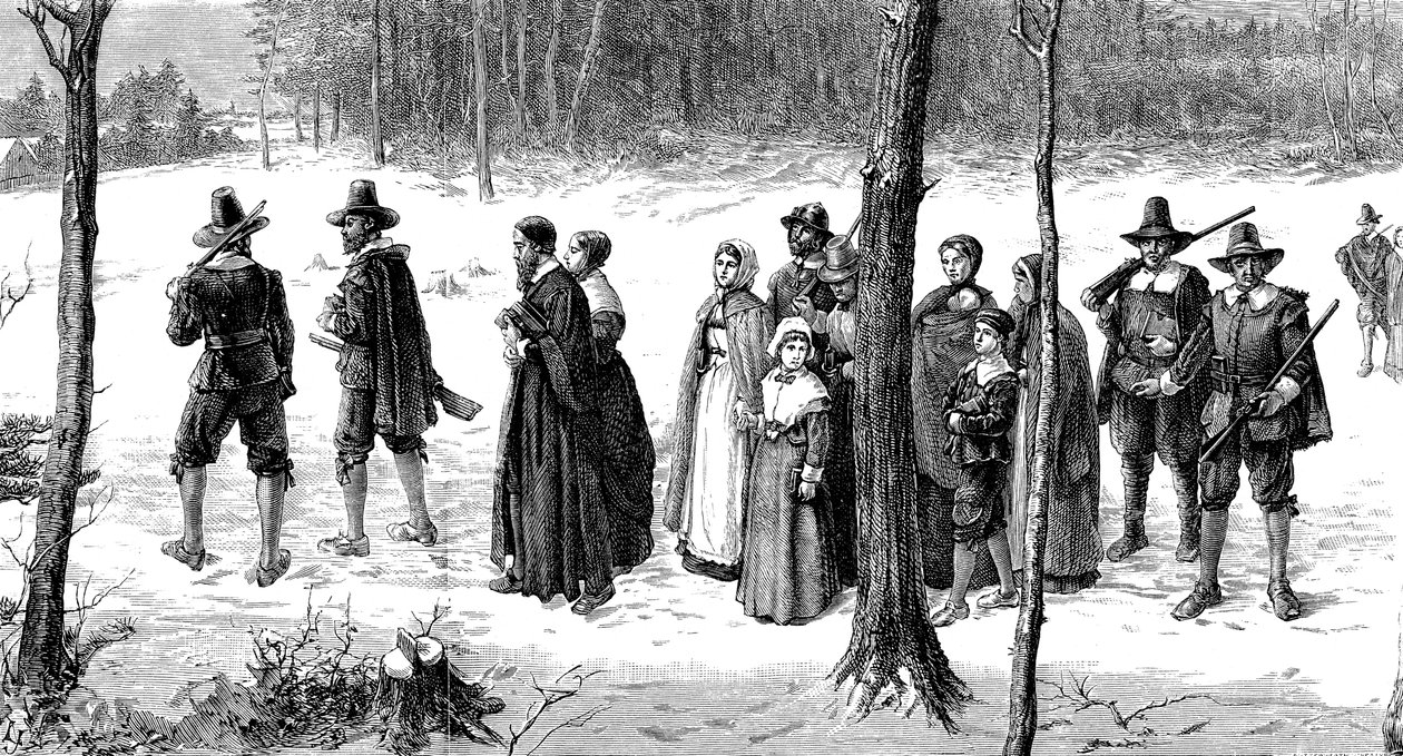 Pilgrim Fathers on Their Way to Church by Unbekannt