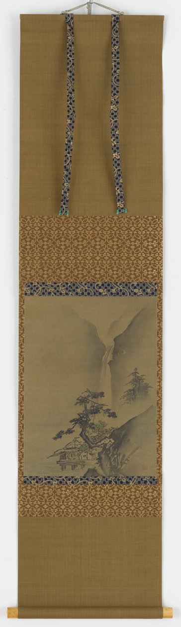 Pine trees and waterfall by Unbekannt