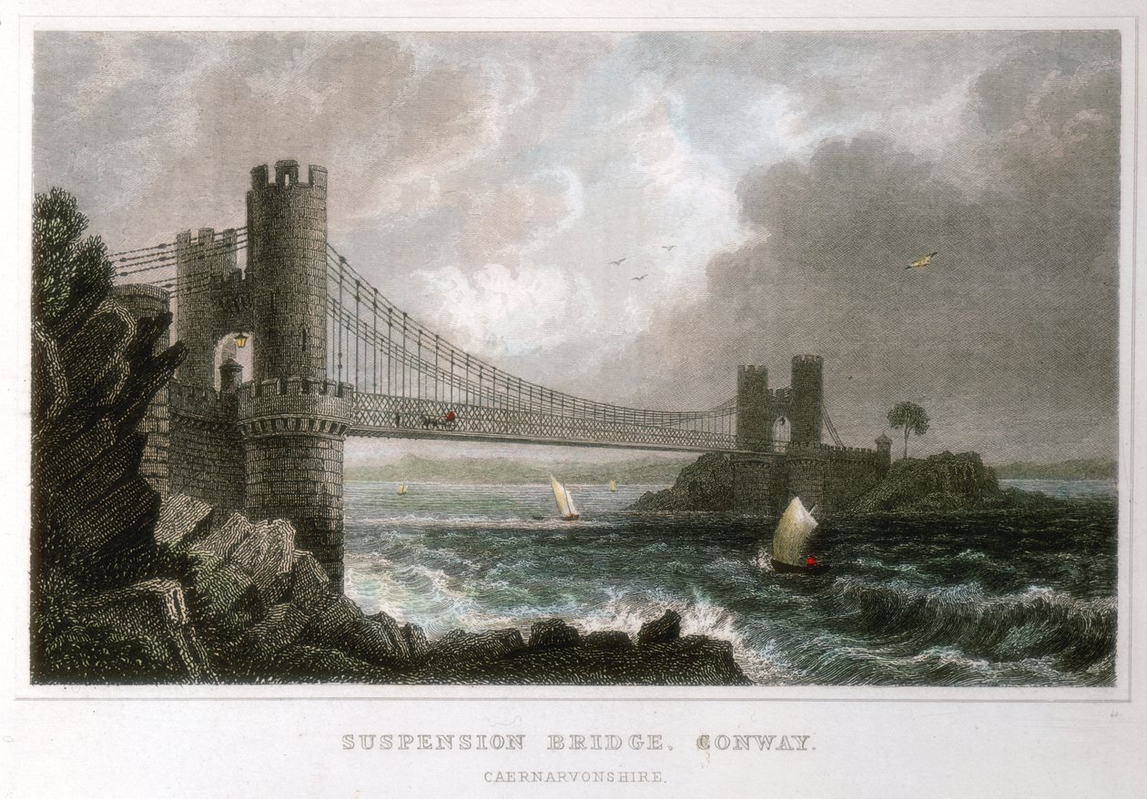 Suspension bridge over the Conwy estuary, Wales, c1840 by Unbekannt