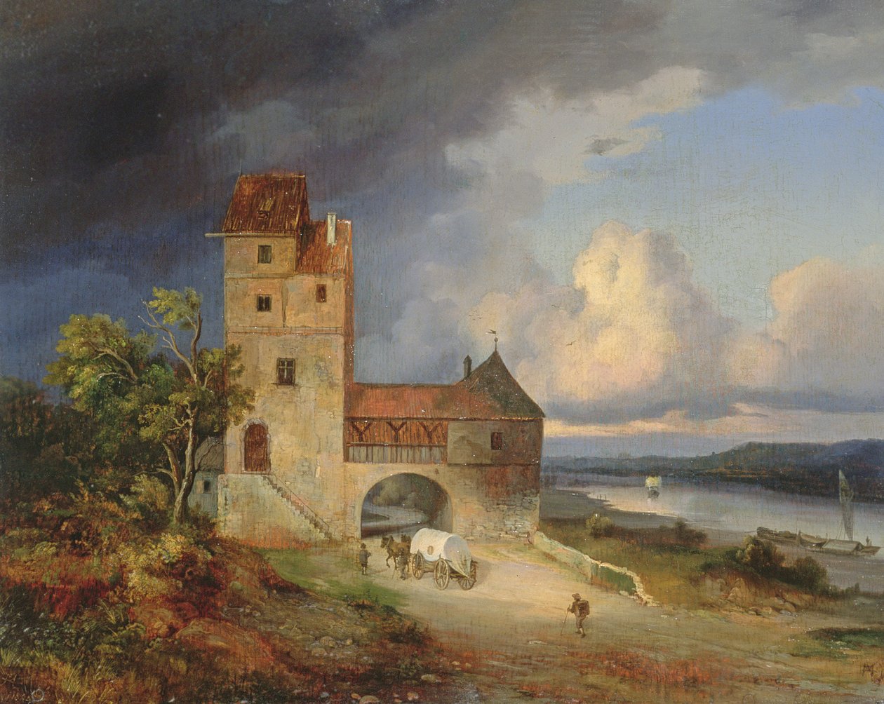 Landscape by the River with the Tower and Gateway by Unbekannt Unbekannt