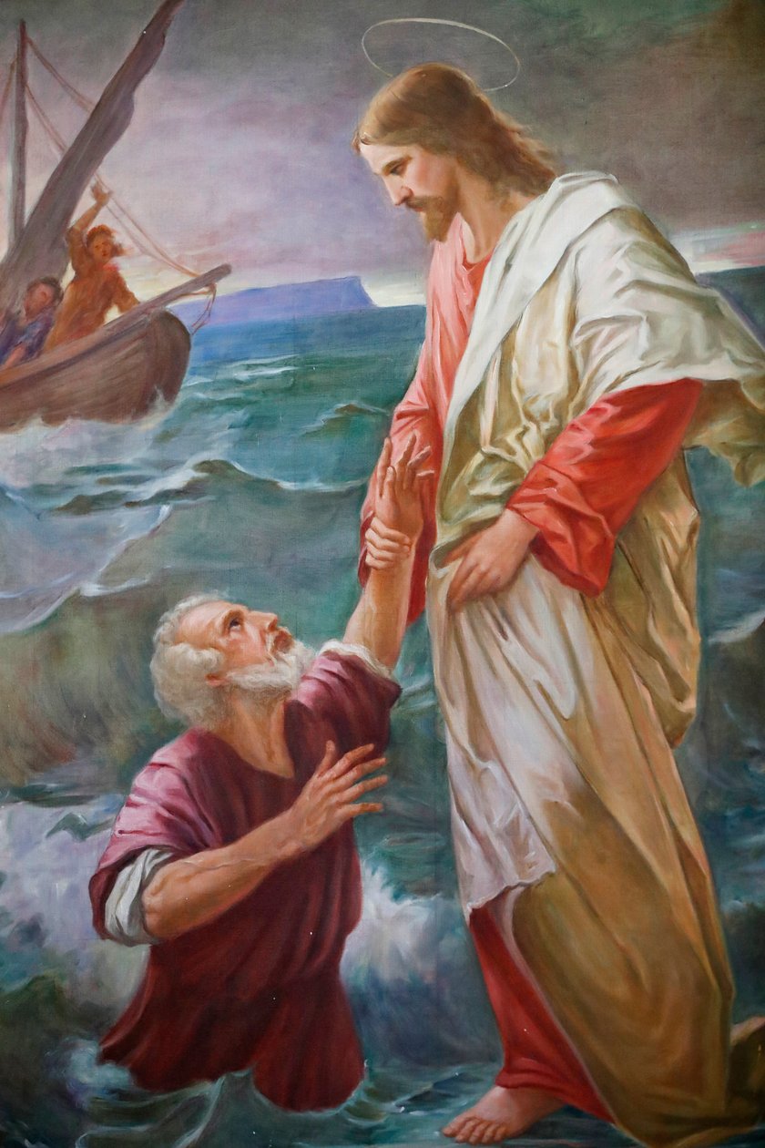 Saint-Grat Church, Painting, Peter Walked on the Water Towards Jesus, but He Became Afraid and Began to Sink, and Jesus Rescued Him, Valgrisenche, Italy by Unbekannt Unbekannt
