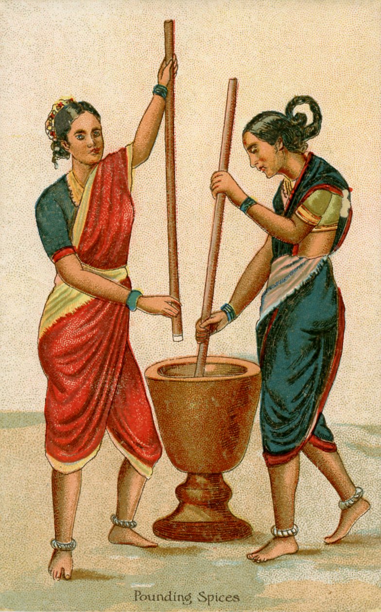 Indian Women Crushing Spices by Unbekannter Künstler