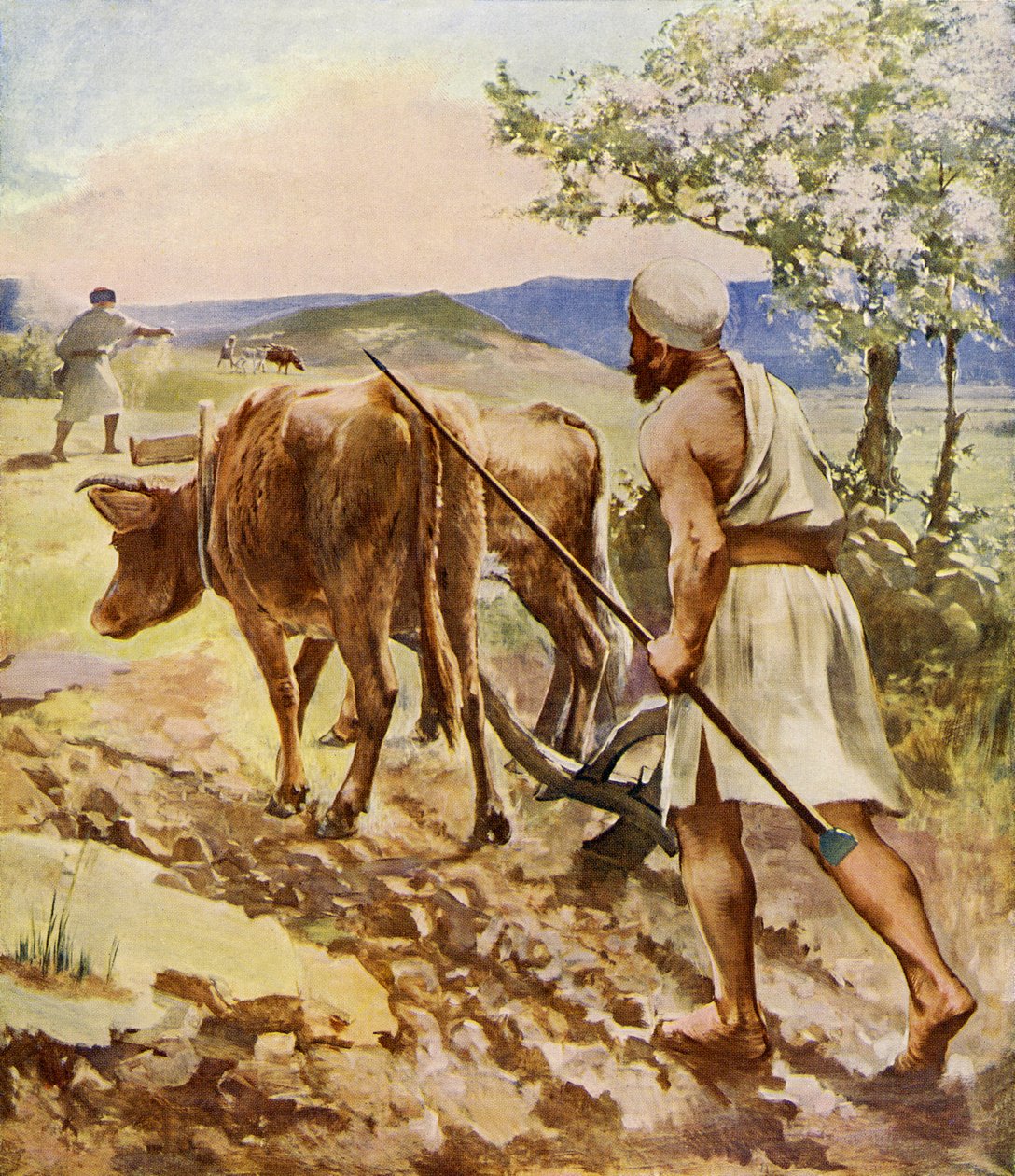 Ploughman Working with Ox-Drawn Plough by Unbekannter Künstler