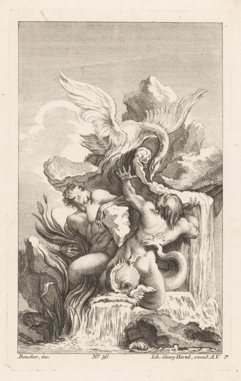 Fountain with Swan and Men by Unknown