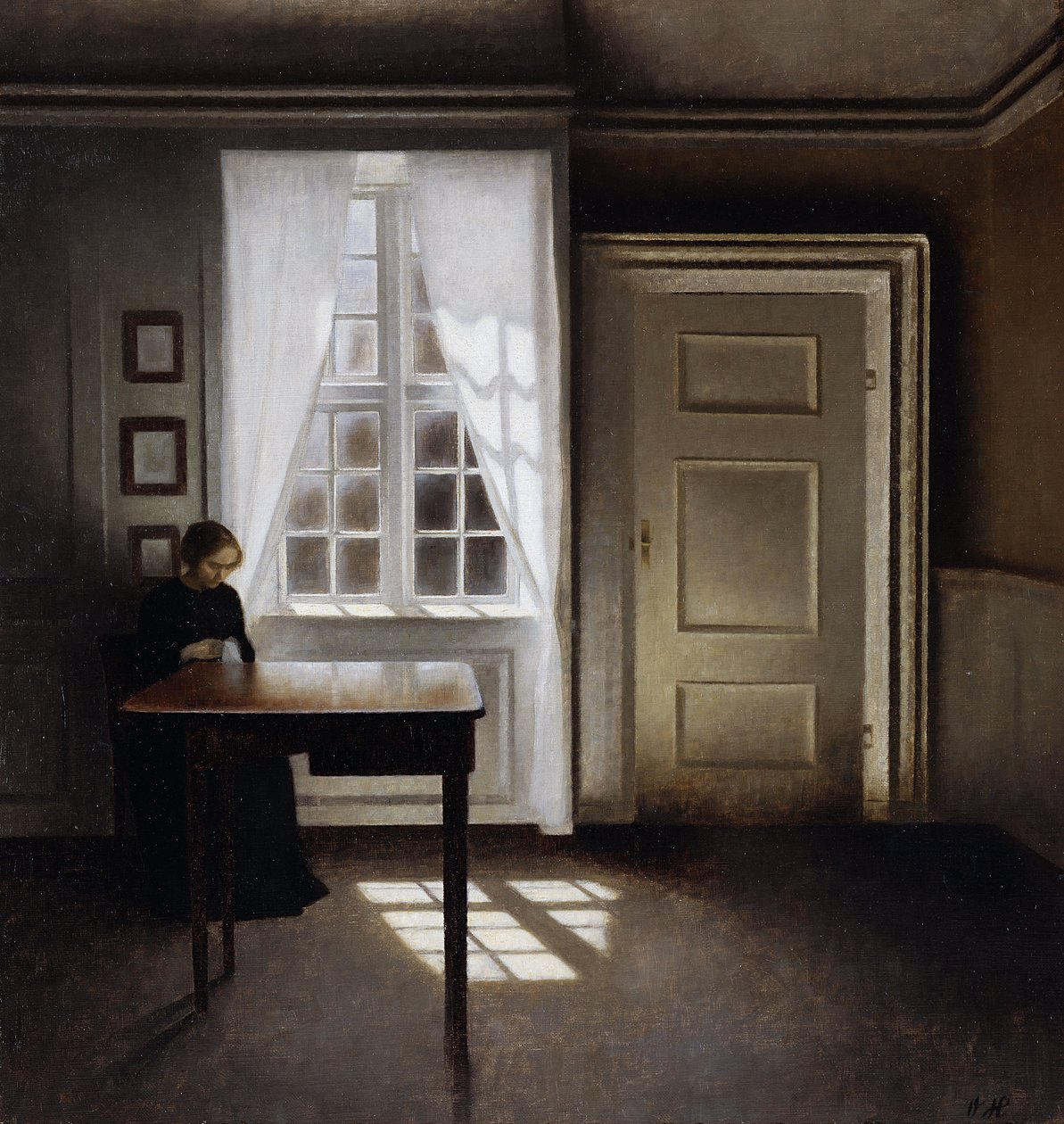 A Woman Sewing in an Interior by Vilhelm Hammershoi