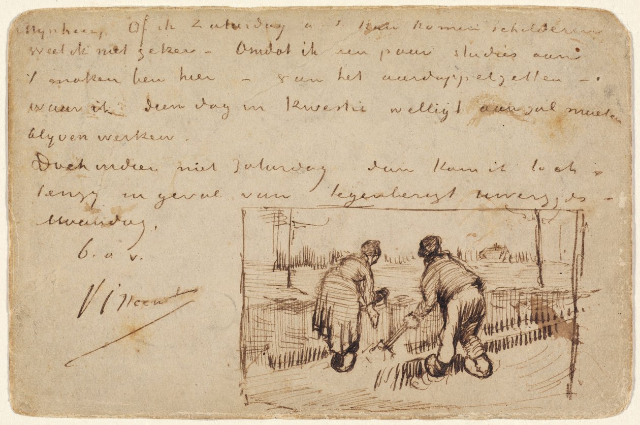 Postcard with Two Peasants Digging by Vincent van Gogh