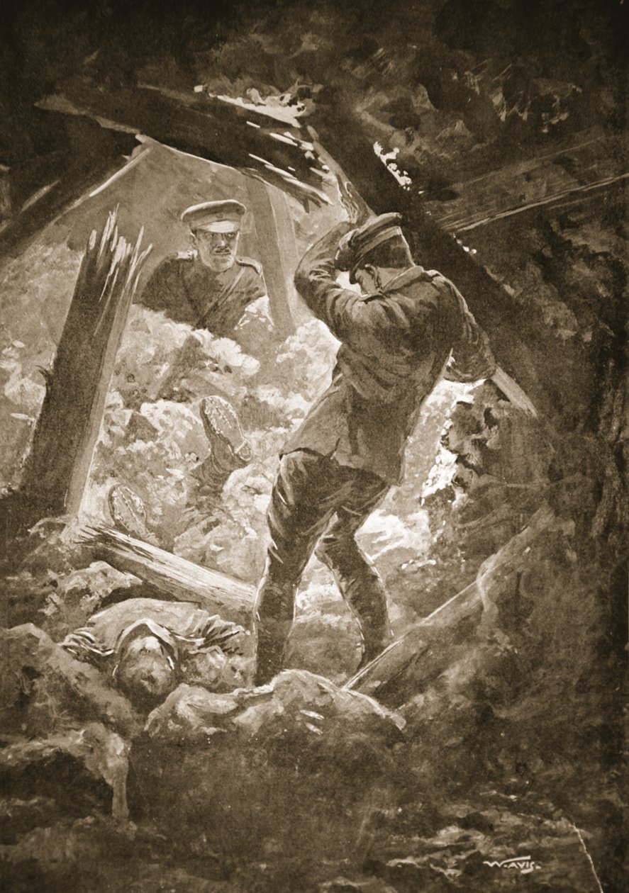 Second-Corporal Smith propping up part of a mine gallery to ensure the rescue of his comrades by W. Avis