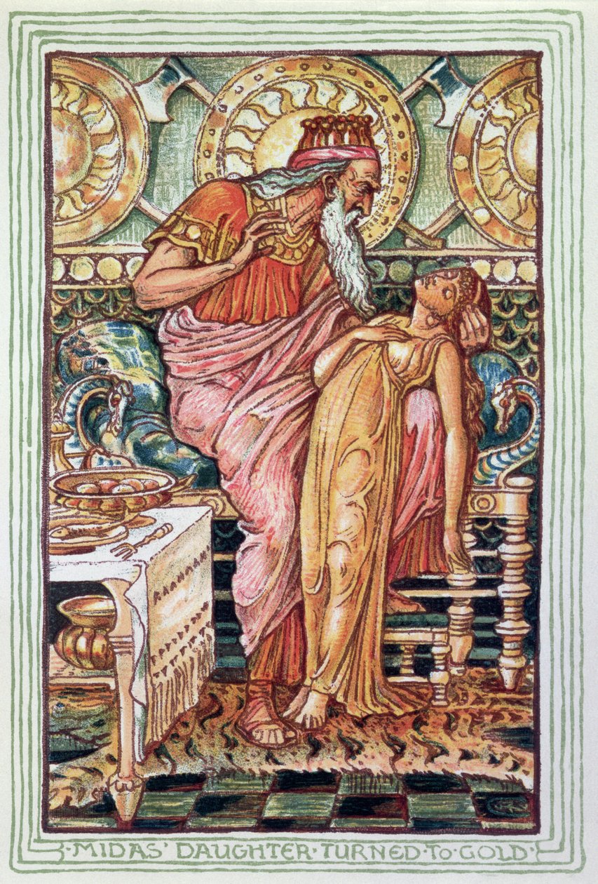 King Midas and his Daughter Turned to Gold, illustration from The Greek Mythological Legend, published in London in 1910 by Walter Crane