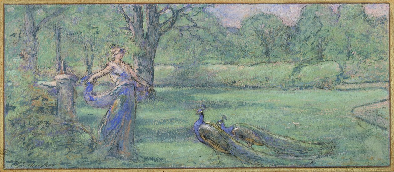 Woman with peacocks in a garden by Walter Shirlaw