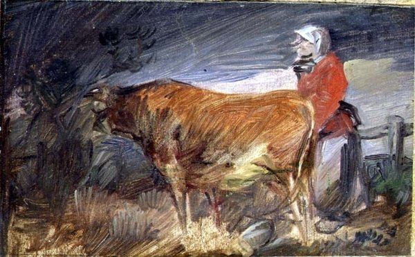 Woman and a Cow in a Landscape by Wilhelm Busch