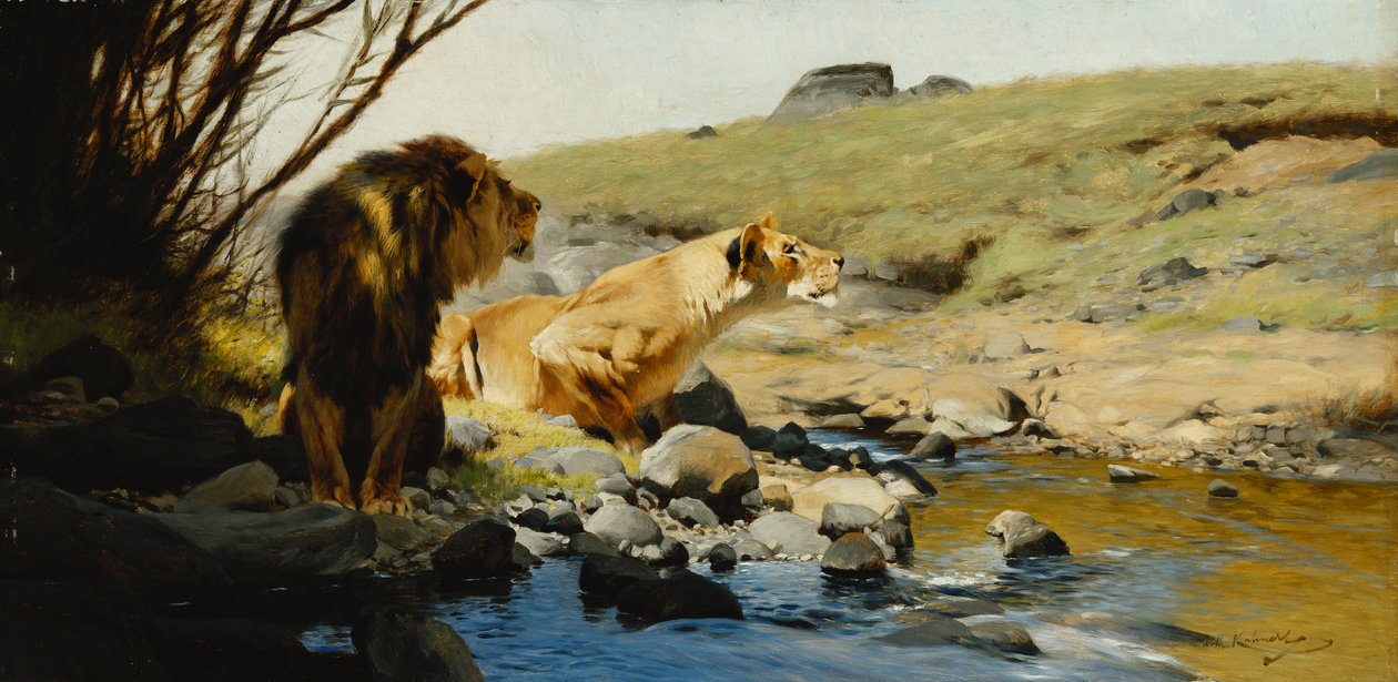 A Lion and Lioness at a Stream by Wilhelm Kuhnert
