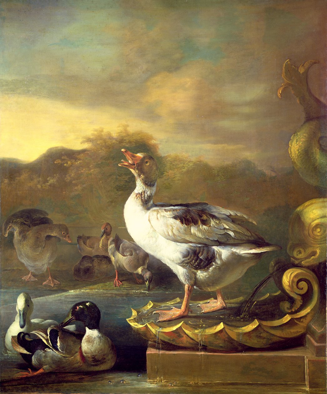 A Goose and other Wild Fowl by a Fountain by Willem Frederik van Royen