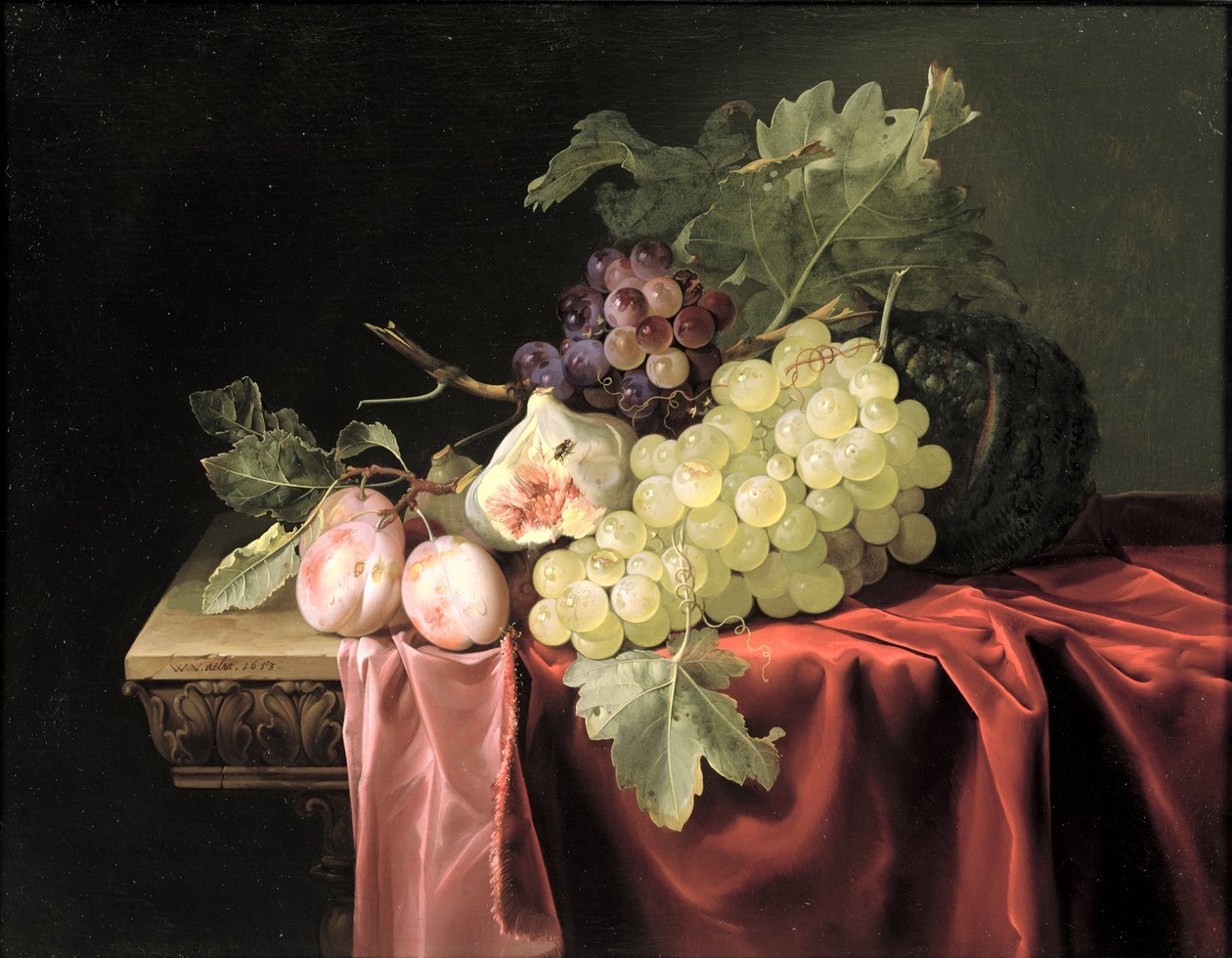 A Still Life with Grapes, Plums, Figs and a Melon on a Partly Draped Stone Ledge by Willem van Aelst