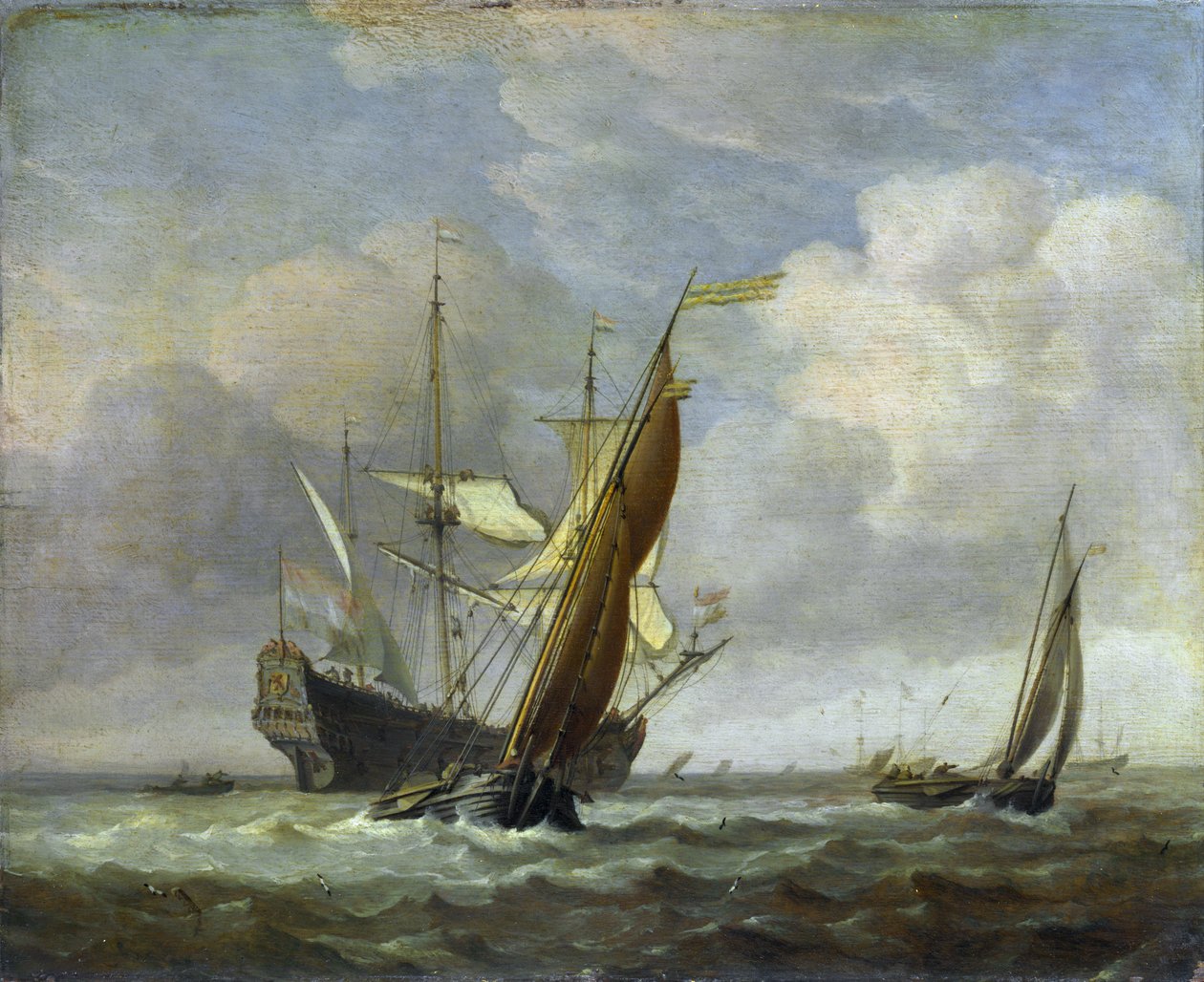 Two Small Vessels and a Dutch Man-of-War in a Breeze by Willem van de Velde the Younger