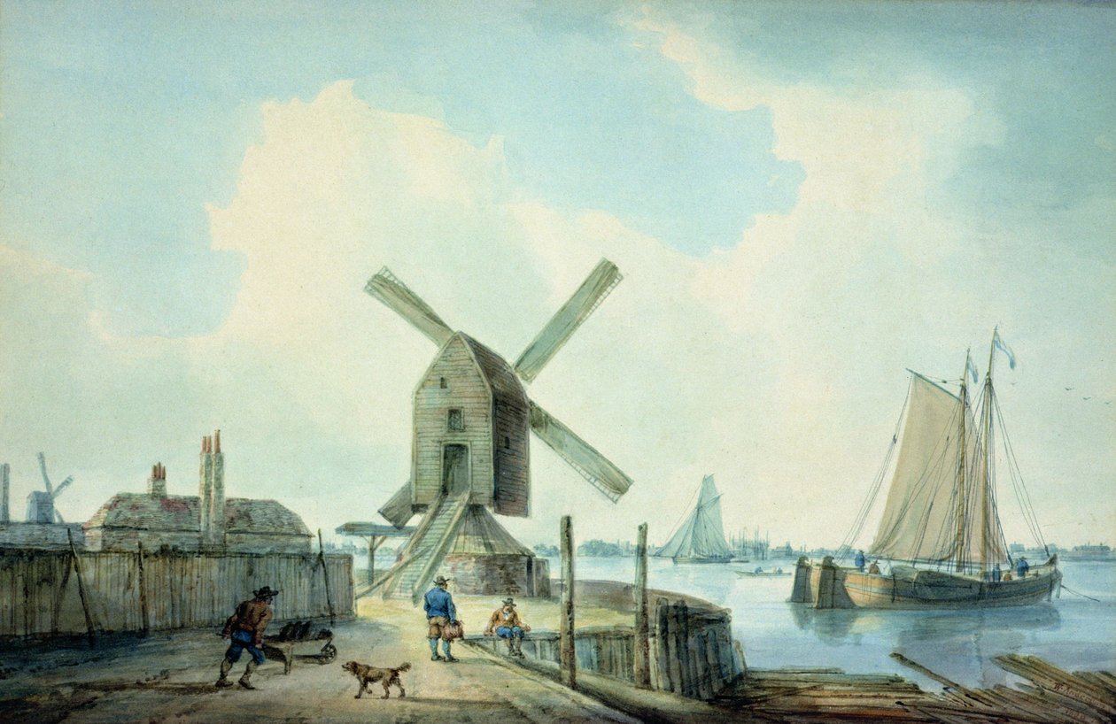 A Shore Scene with Windmills and Shipping by William Anderson