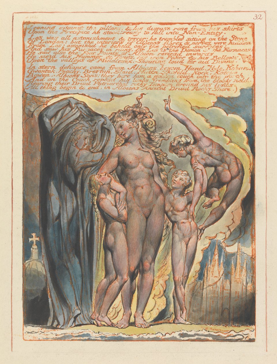 Jerusalem, Plate 32, Leaning against the pillars by William Blake