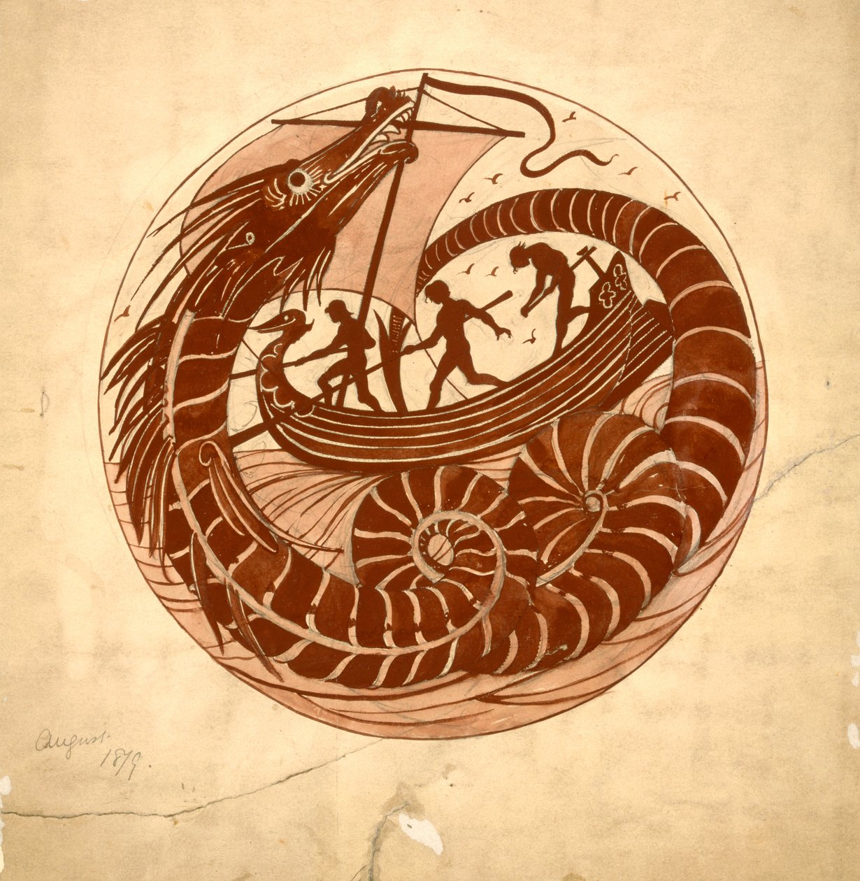 Design for a Dish Using a Sea Dragon and Boat, 1879 by William de Morgan