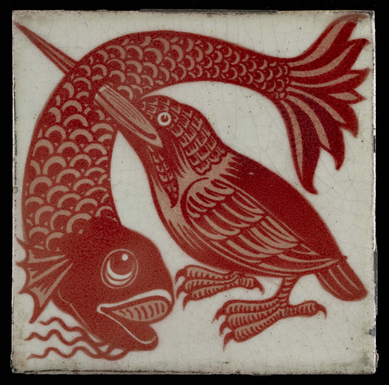 Tile with Kingfisher with Beak through Fish by William de Morgan