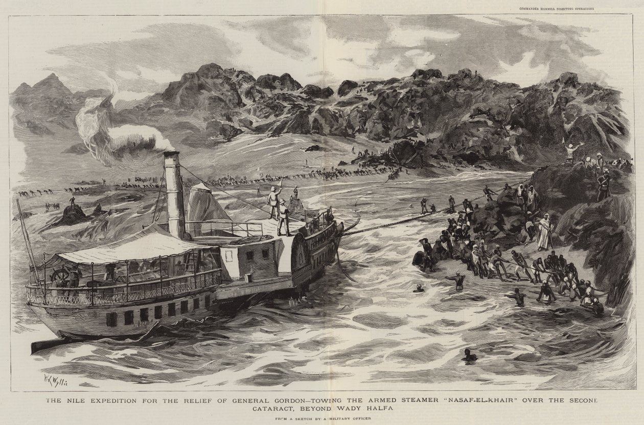 The Nile Expedition for the Relief of General Gordon, Towing the Armed Steamer Nasaf el Khair over the Second Cataract, Beyond Wady Halfa by William Lionel Wyllie