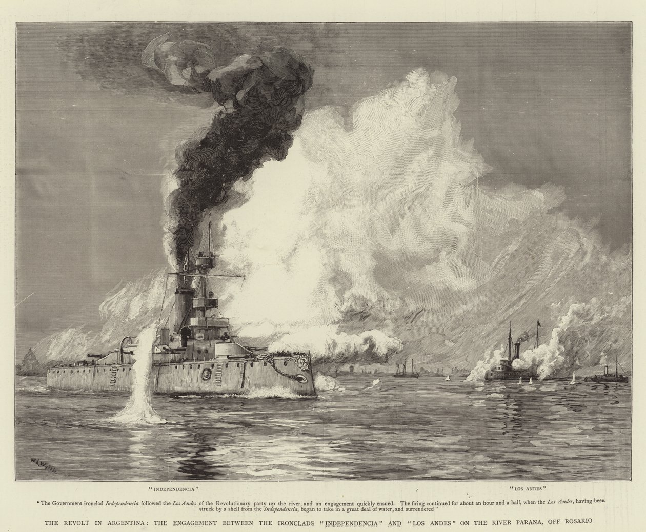 The Revolt in Argentina, the Engagement between the Ironclads Independencia and Los Andes on the River Parana, off Rosario by William Lionel Wyllie