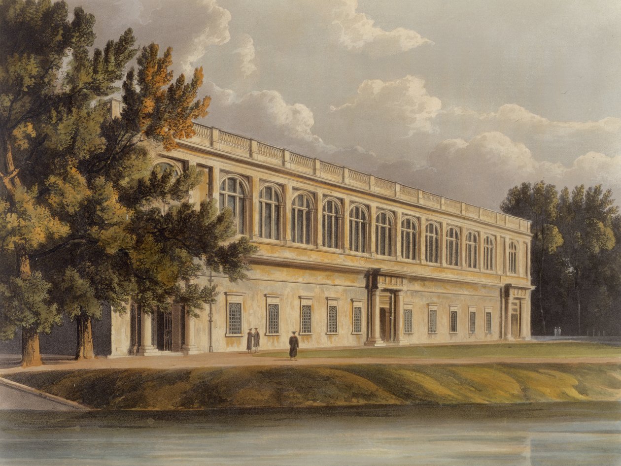 Exterior of Trinity Library from St. Johns Gardens, Cambridge, from The History of Cambridge, engraved by Joseph Constantine Stadler (fl.1780-1812), pub. by R. Ackermann, 1815 by William after Westall