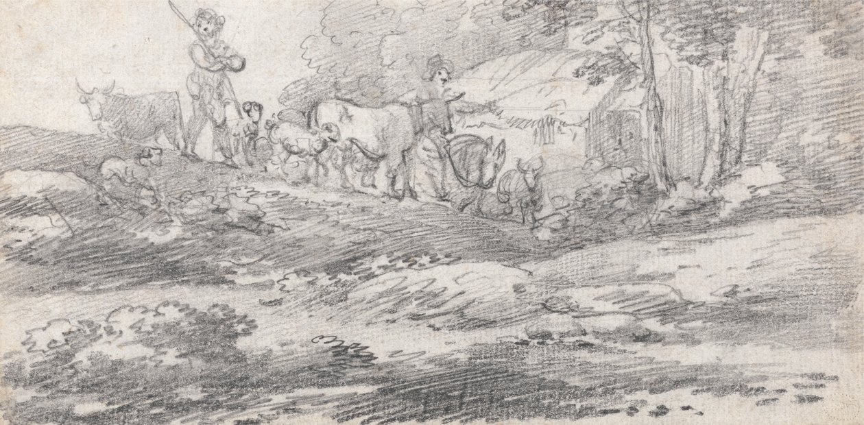 Landscape with Figures and Cattle by William Frederick Wells