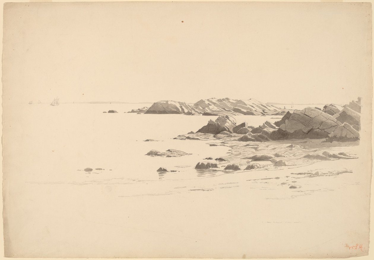 Rocklined Beach with Distant Boats by William Stanley Haseltine