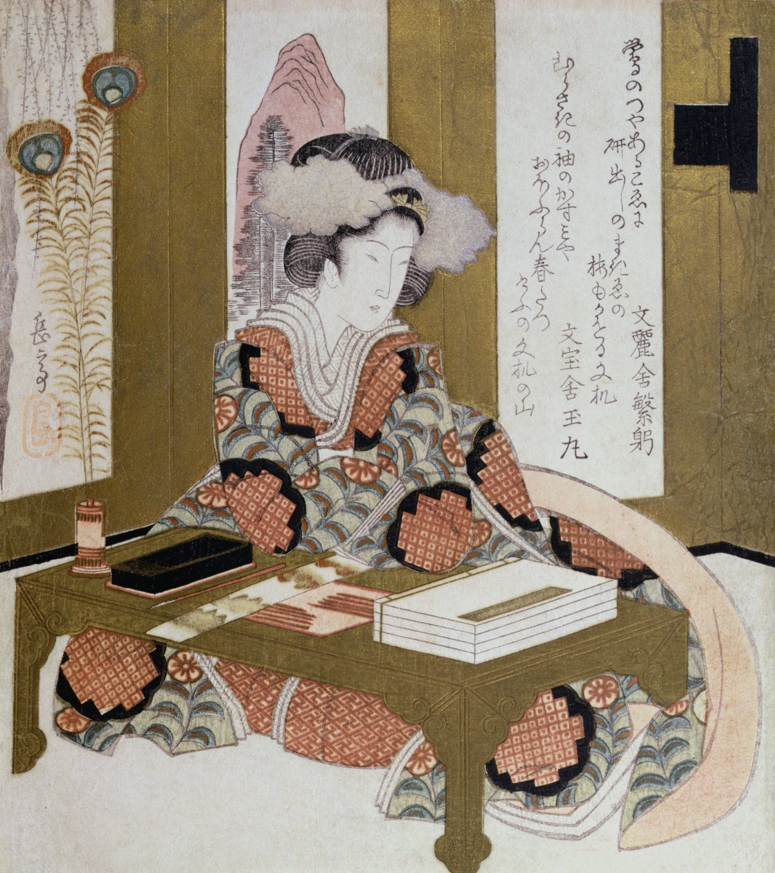 The Poetess, Bijin, at her Calligraphy Table by Yashima Gakutei