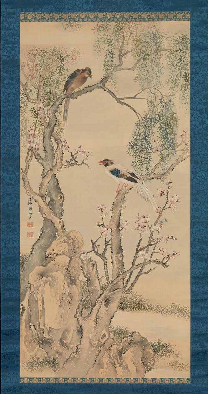 Birds in Willows and Blossoming Peach Tree by Yosa Buson