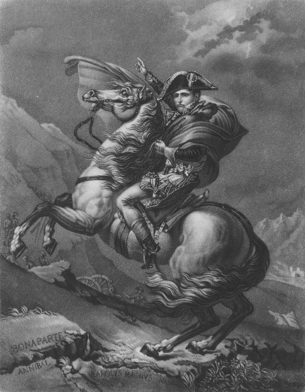 Napoleon Bonaparte crossing the Alps by after Jacques Louis David