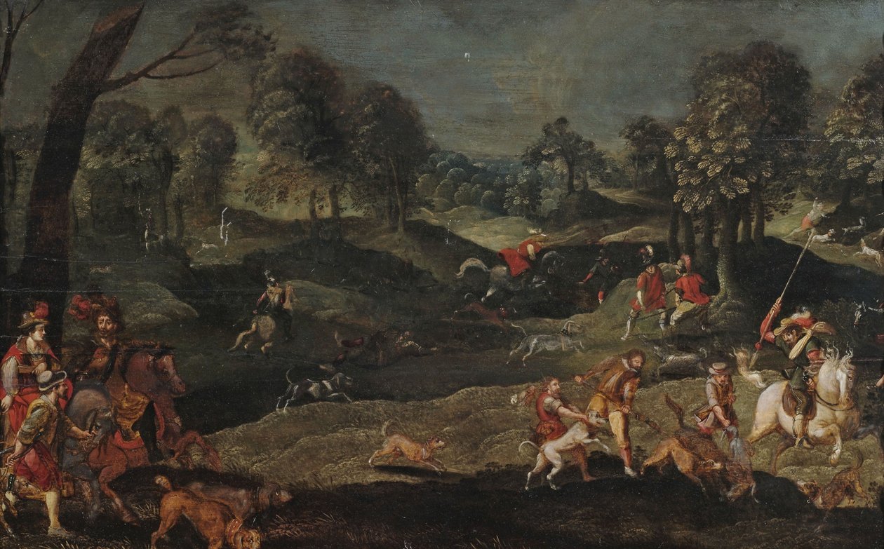 Hunting Scene in a Forest Landscape with a Ruling Couple Participating by circle of Sebastian Vrancx