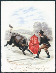 Bull Charging into Red Umbrella