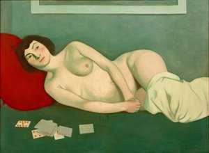Nude Woman Lying with Blue Cards
